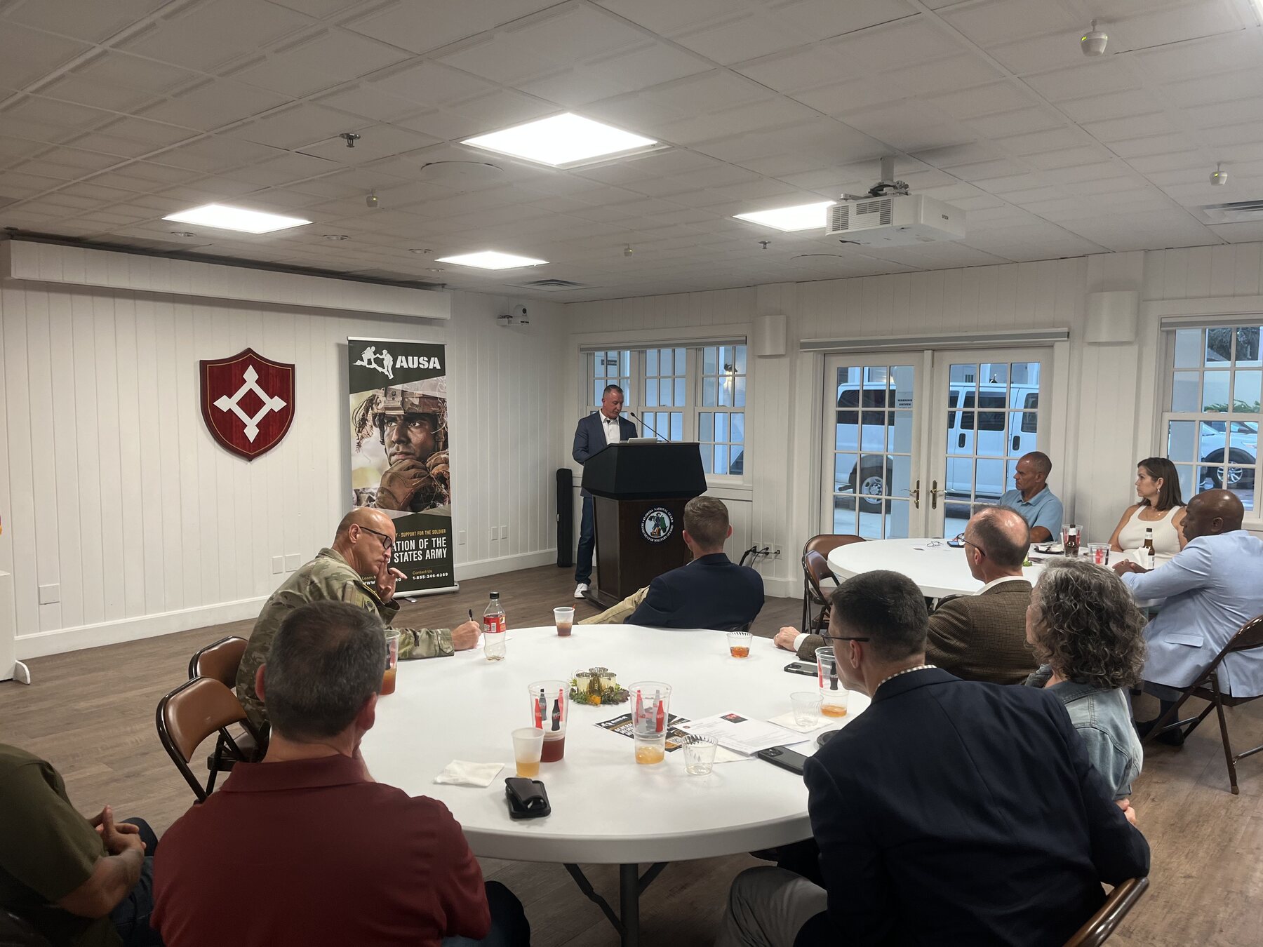Blake Glass speaking to the AUSA First Militia Chapter on August 6, 2026